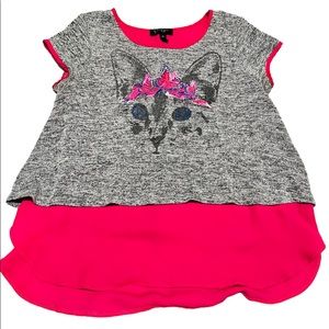 Jessica Simpson Girls Cat Graphic Shirt Double Layered Size XL 14/16 Pink Gray